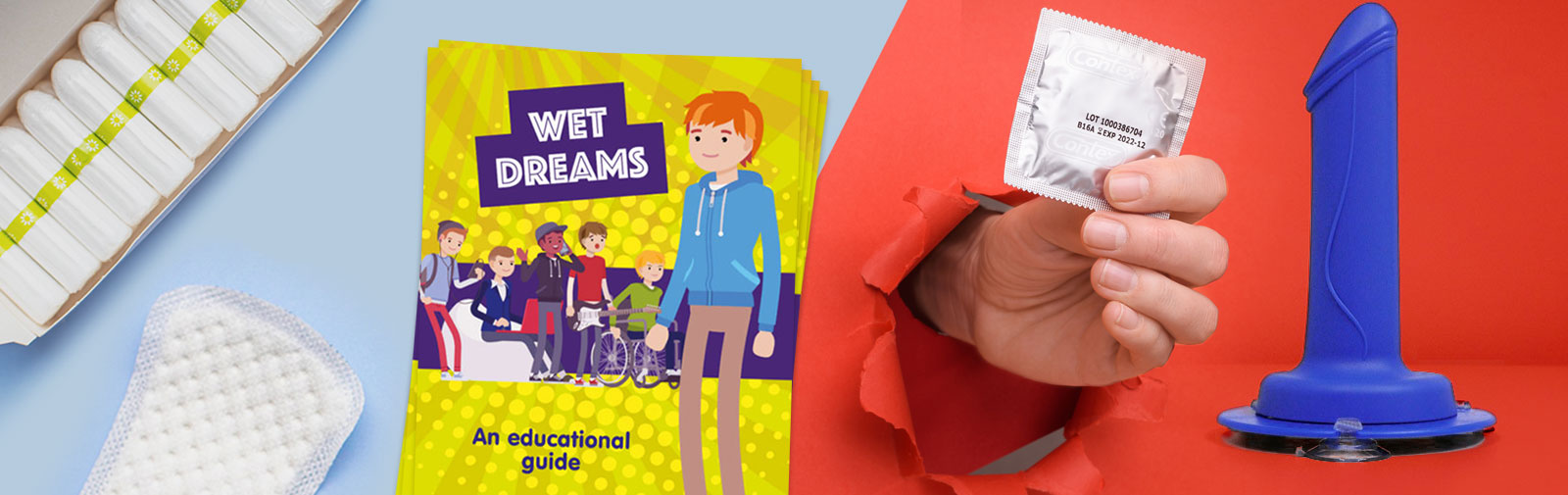 PSHE teaching aids. Wet Dreams leaflets, condom demonstrators, period packs and more.