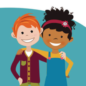 Yasmine and Tom, age 8, hug