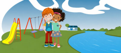 Yasmine and Tom age 6 by playground and river