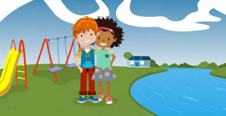 Yasmine and Tom age 6 by playground and river